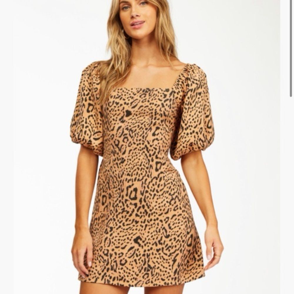 Billabong Tan Paradise Leopard Print Puff Sleeves Mini Dress S